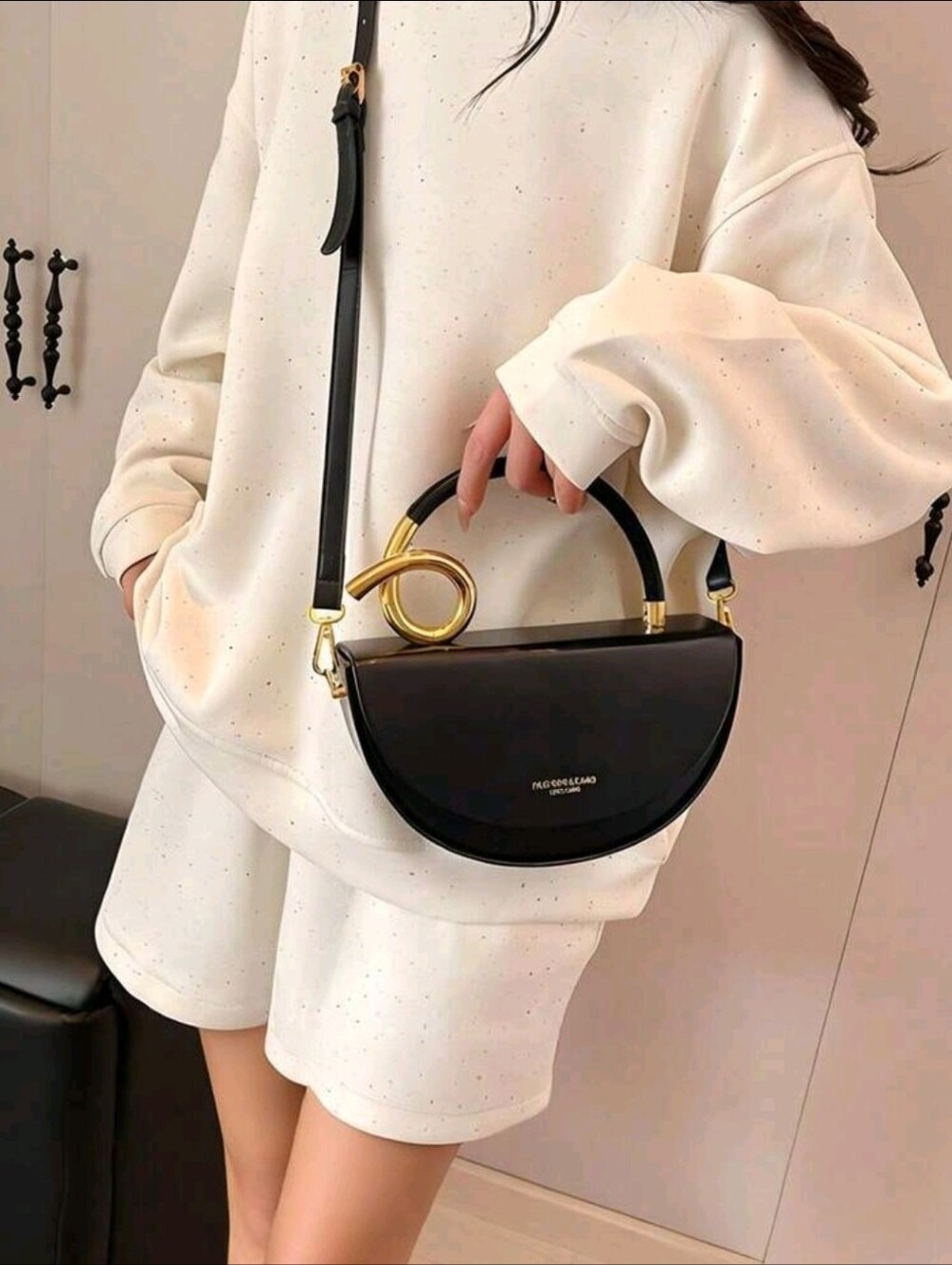Black Half-Moon Top-Handle Crossbody Bag with Gold Accent